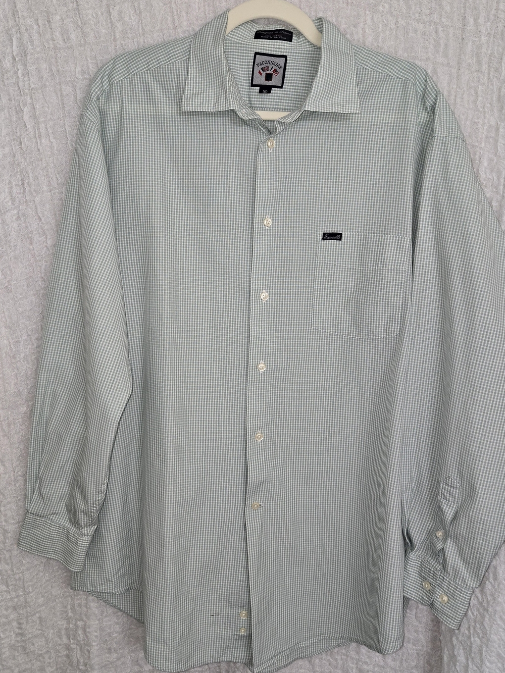 Faconnable Size Xl Light Green Check Long-Sleeve Button-Down Shirt
